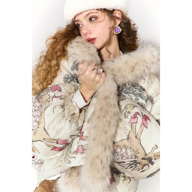 ELFSACK Women Puffer Down Jacket 2026 Winter Pony Print Fur Collar Lantern Sleeve New Oriental Style Casual Outerwear