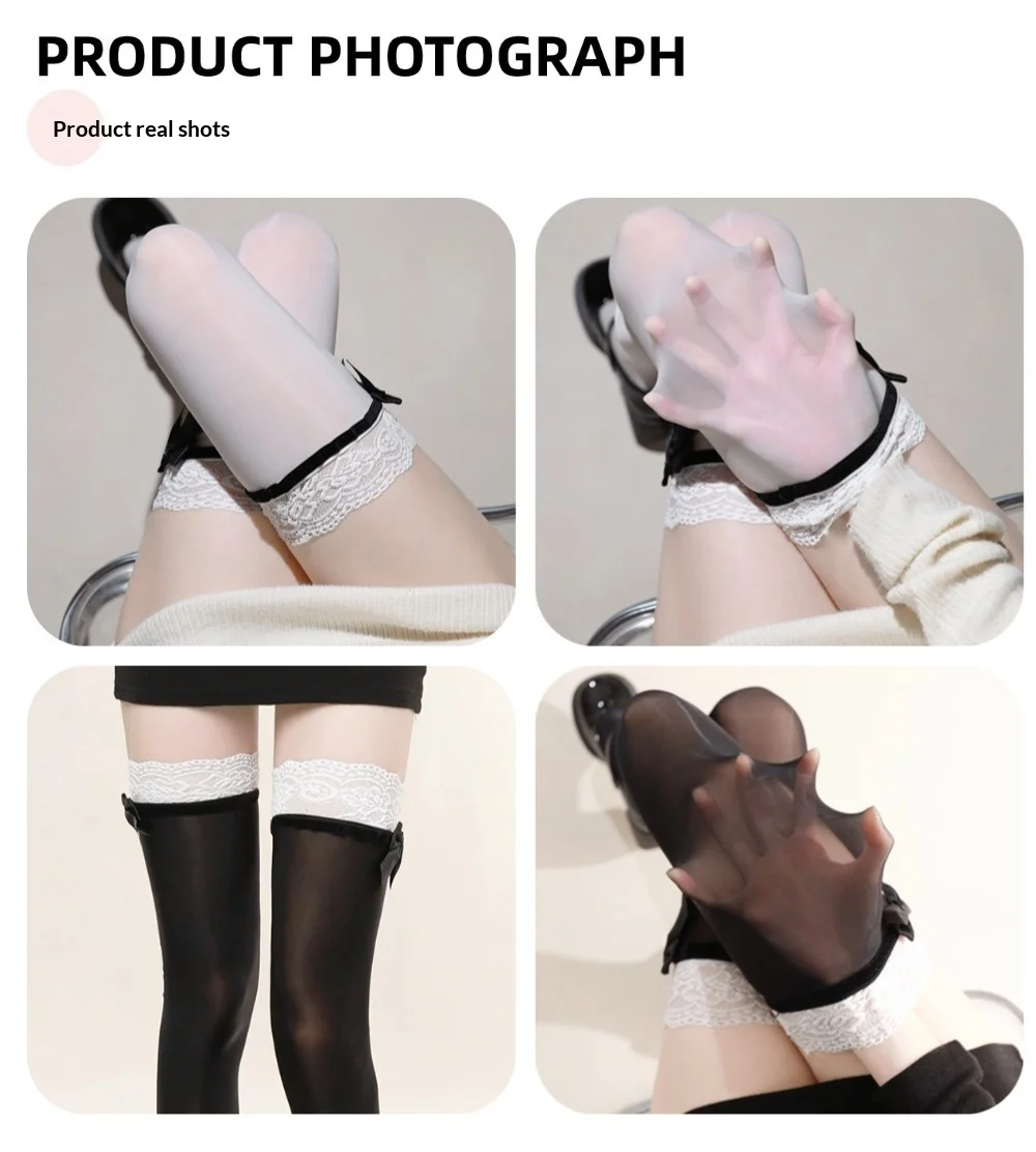 8D Ultra Sheer schwarze oberschenkelhohe Strümpfe mit Schleife, transparente Nylonstrümpfe für Damen, elegante Socken für den täglichen Gebrauch, Party, Cosplay, JK, Lolita – Detail 9
