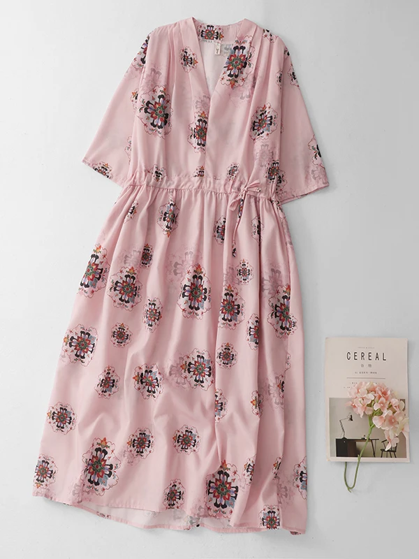 

Summer Large Size Slimming Artistic Beach Vacation Long Print Dress Women's A-Line Midi Dress High Waist Short Sleeve V-Neck