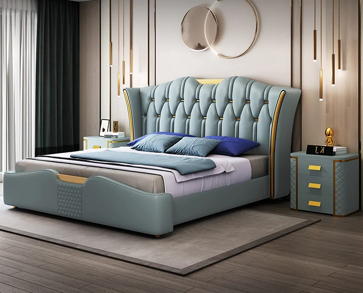 

Gray Blue Simple Designer Creative Bed Modern Leather Upholstered Double Bed Queen Size Apartment Villa Bed