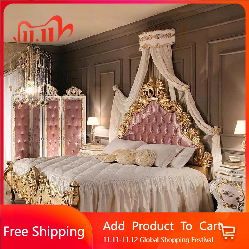 European Solid Wood Bed Double Comfortable Luxury Italian High Quality Bed Solid Wood Wedding Princess Beliche Salon Furniture