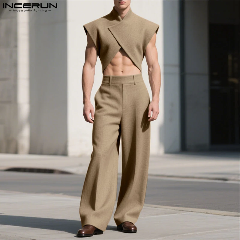 INCERUN Men Sets Solid Color Sleeveless Crop Tops & Pants Two Pieces Sets Loose Streetwear 2025 Fashion Men's Casual Suits S-5XL