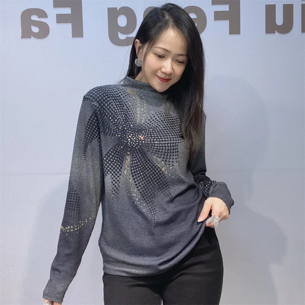 Gradient Color Autumn Winter Cashmere Pullover Top High Collar Long Sleeve Women T-shirt Fashion Hot Diamonds Casual Basic Tees