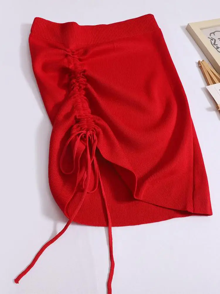 Minifalda plisada con cordón para mujer, faldas cortas de punto de cintura alta, color rojo, elegante y versátil, a la moda, para verano