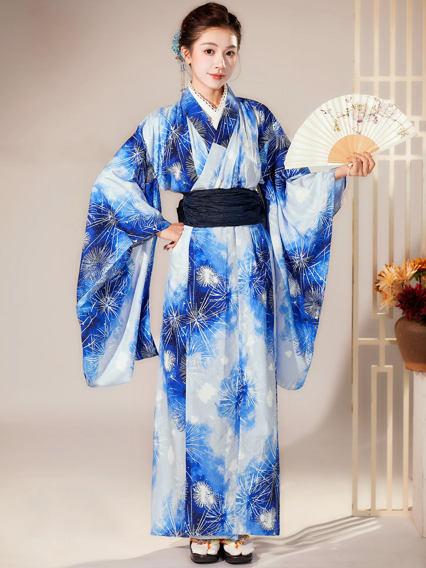 

Женское кимоно с длинными рукавами в японском стиле и синим цветным принтом оби, современное платье юката для фотографии, костюм