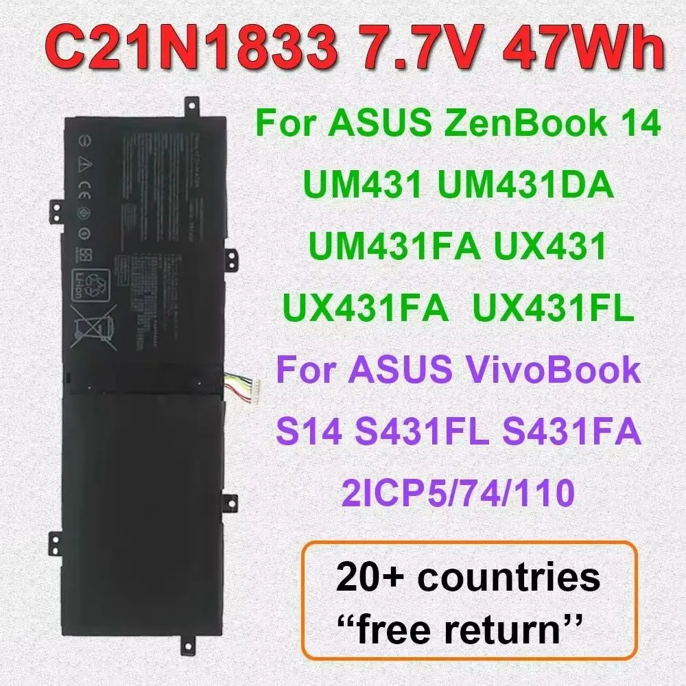 Laptop Battery For ASUS C21N1833 ZenBook 14 UM431 UM431DA UM431FA UX431 UX431FA UX431FB UX431FL UX431FN VivoBook S14 S431FA
