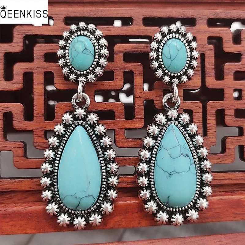 

QEENKISS EG6192 Jewelry Wholesale Fashion Woman Girl Birthday Wedding gift Water Drop Turquoise Antique Silver Stud Earrings