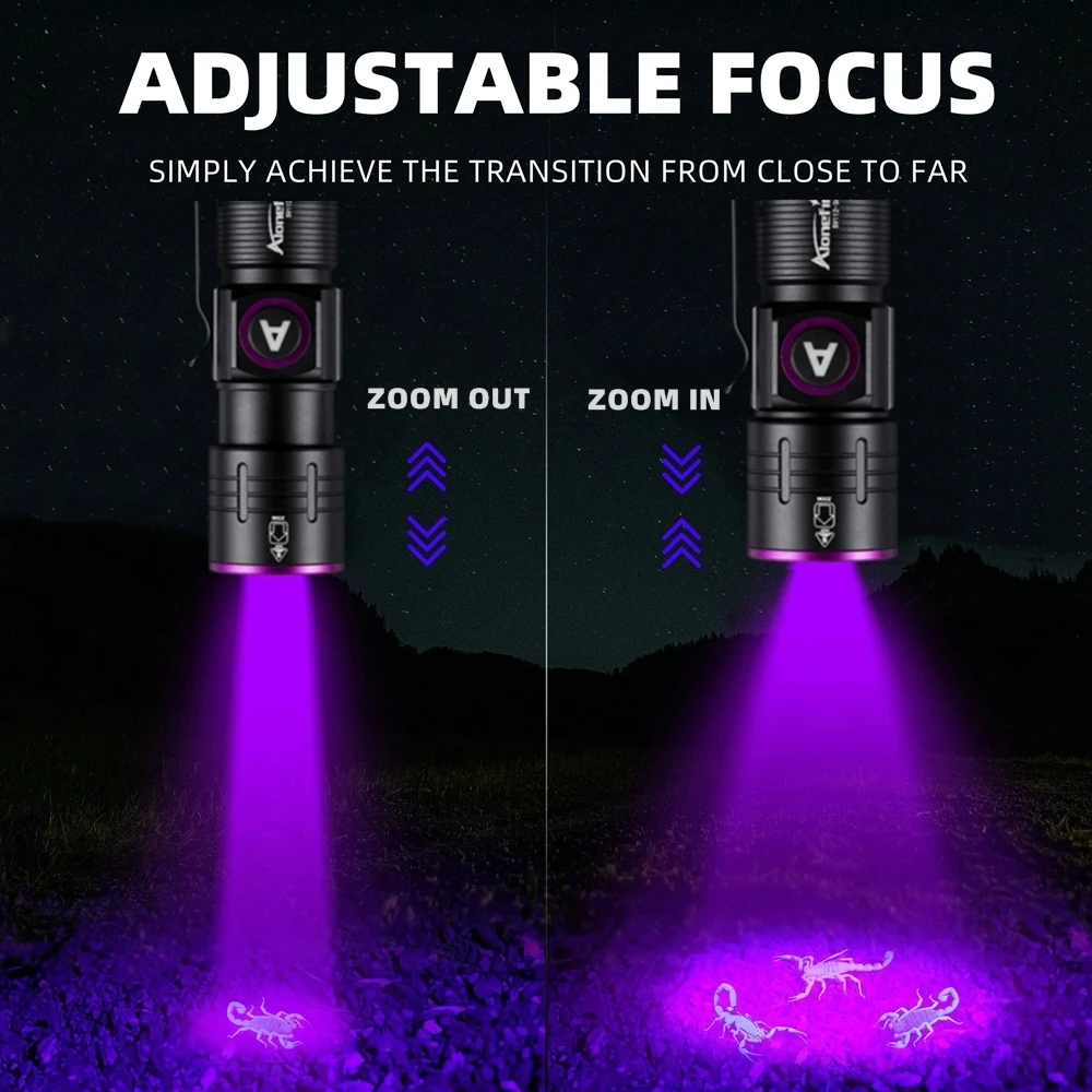 Zoomable 365/395nm UV Flashlight LED Mini Ultraviolet Torch Violet Light Pet Stains Scorpion Anti-counterfeiting Identification