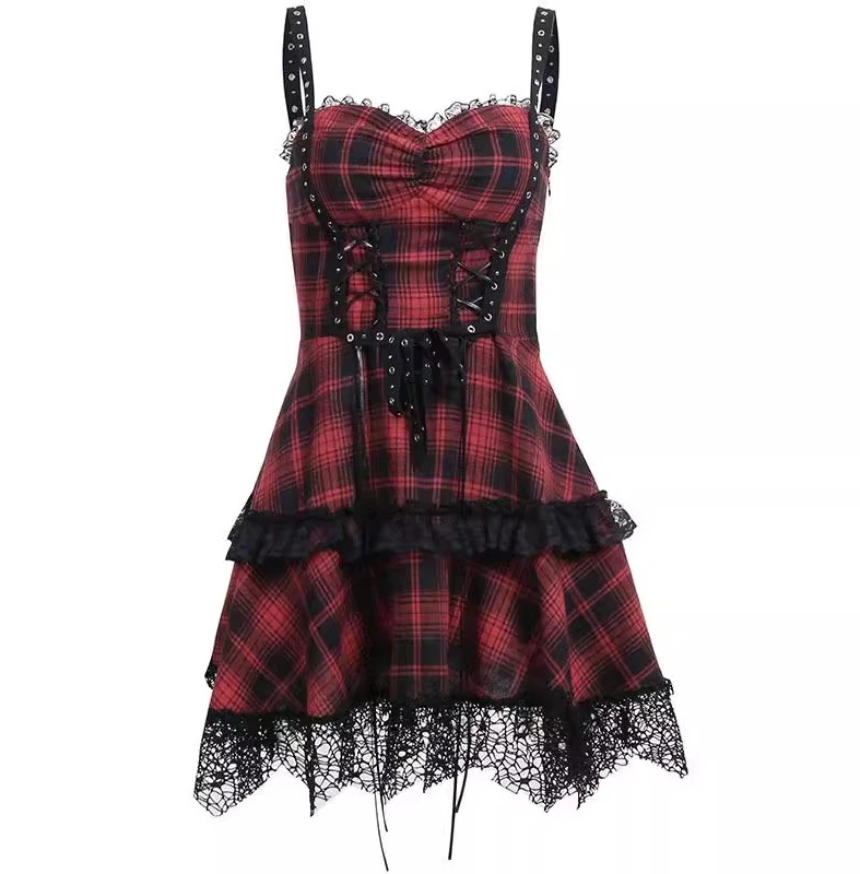 Classic Black Red Plaid Lace-up Elegant Lace Ruffles Suspender Dress Summer Girls Goth Subculture High Waist Personality Dresses