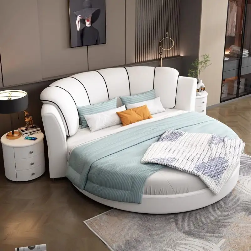 

Design Leather Luxury Double Bed Modern Loft Princess White Adults Round Bed King Size Camas De Dormitorio Bedroom Furniture