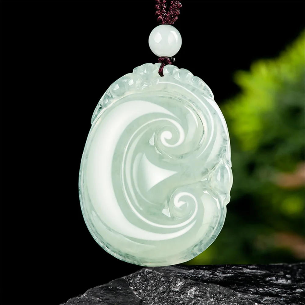

Trendy Natural Ice Green Jadeite Carved Chinese RuYi Lucky Pendant Amulet Necklace Certificate Luxury Jade Vintage Jewelry