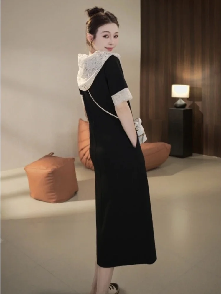 

plus Size Summer New Sle Lace Splicing Hooded Dr Women Loose Belly Cover A-Line Skirt Casual High Waist Long Dr