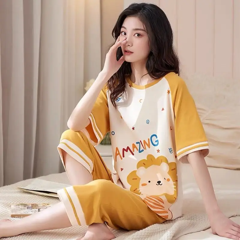 Women\'s 2024 Spring Summer New Cotton Short Sleeve Cartoon Pajamas Two Piece Girl Cute Pijamas Thin Sleepwear Home Clothing Suit