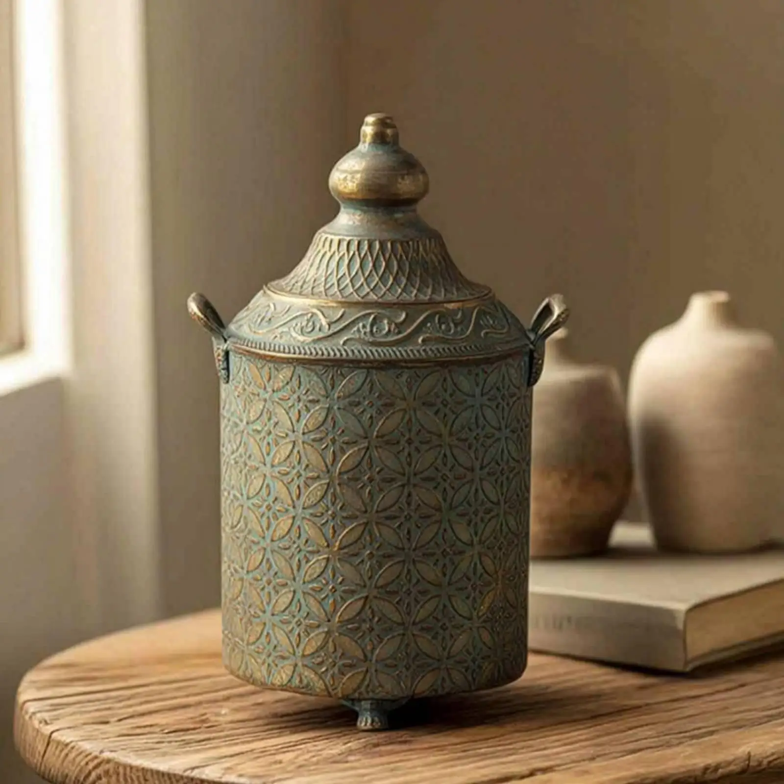 Patina Finished Metal Decorative Vase Container Large Vintage Urn for Home Console Table Display
