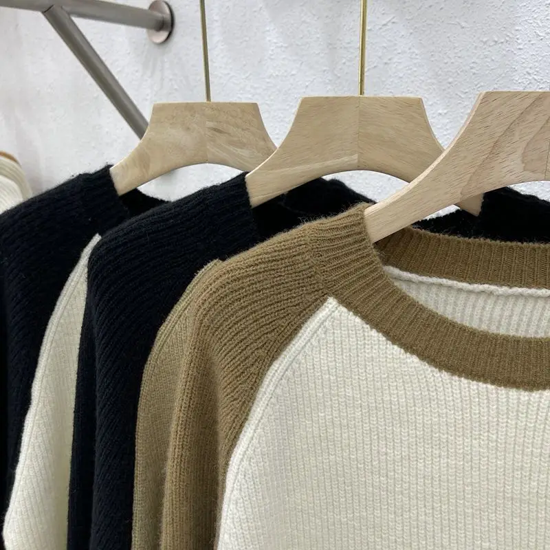 Crew Neck Screw Thread Knitted Long Sleeve Geometric Casual Women\'s Pullover Sweater Autumn Winter Contrast Color Sweet Tops