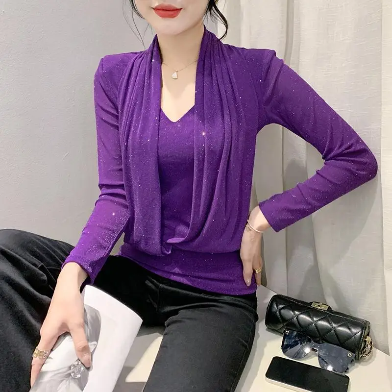 Women\'s Fashionable Sexy Solid Color Bright Silk Mesh T-shirt Spring Autumn Fashion Slim V-Neck Patchwork Tops Female Clothing