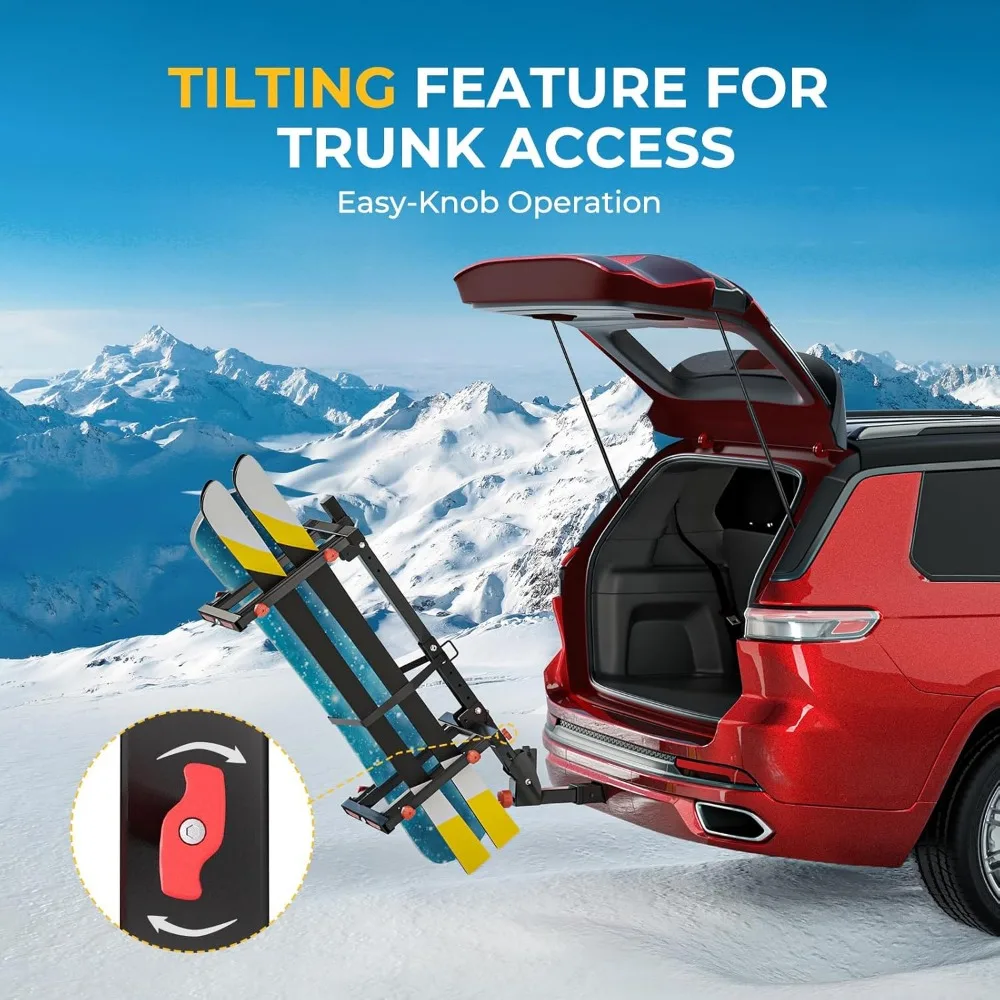 Hitch Ski Snowboard Rack with Security Lock Folding and Tilting for Trunk Access Fit for 2" Receiver (Upgrade Version of 2023)