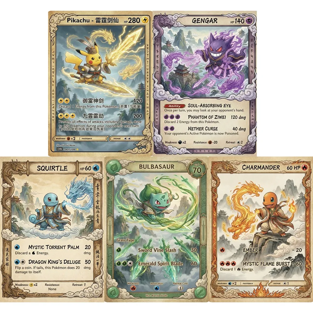 5Pcs Pokemon Cards Gengar Charmander Squirtle Bulbasaur Chinese Fantasy Style PTCG Cards Holo Game Collection Cards Pokemon Gift