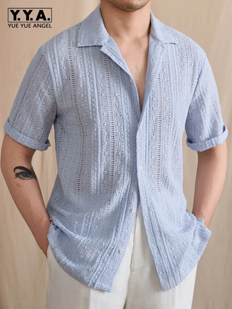 Leisure Male Turn Down Collar Short Sleeve Shirts Solid Color Single-Breasted Breathable Mens Tops Men Hollowed-Out Shirt
