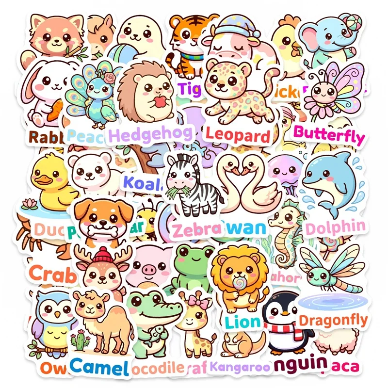 

10/30/50PCS Happy Animals English Sticky PVC Sticker DIY Laptop Luggage Skateboard Decoration Scrapbooking for Kids