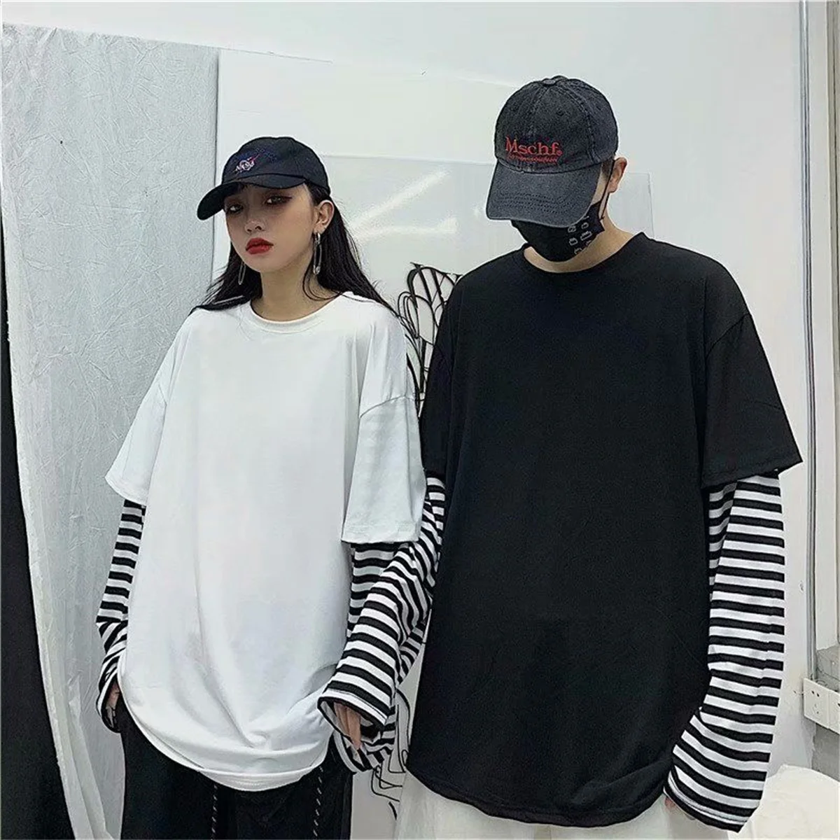 New Harajuku Black White Striped Y2K Long Sleeve Solid Color T-shirts Men Women Fall Fake Two Piece Long Sleeve Loose T-shirt