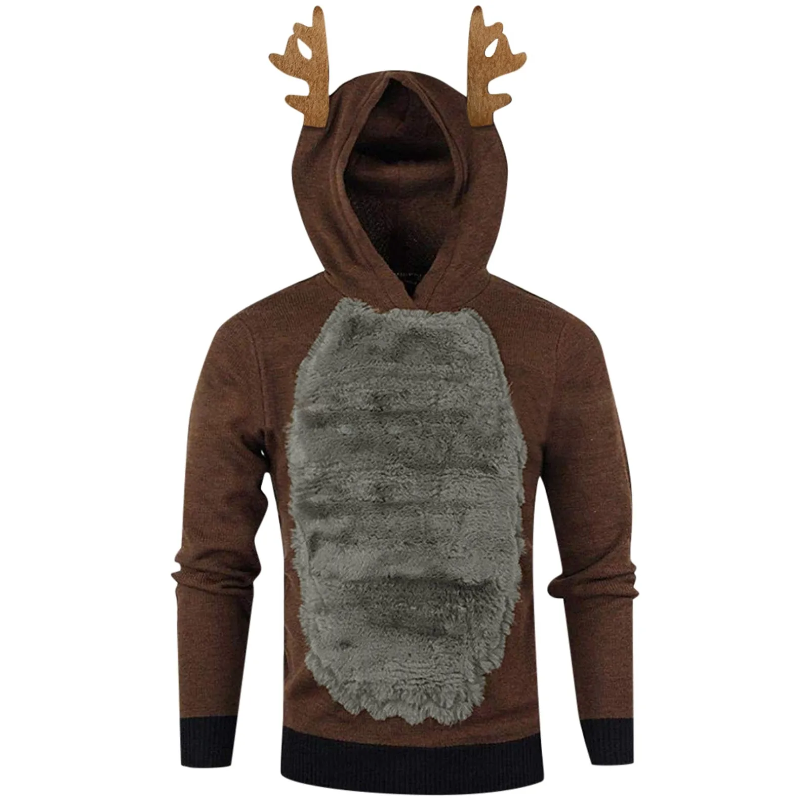 Deer Horn Hooded Fleece Liner Christmas Hoodie Festive Color Block Design Casual Pullover Cute Sweatshirt Tops for Women