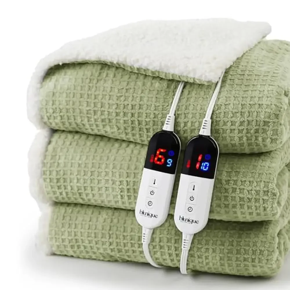 Electric Heated Blanket Queen Waffle Sherpa Fleece Dual Controllers 6 Heating Levels Fast Heating Auto-Off Machine Washable