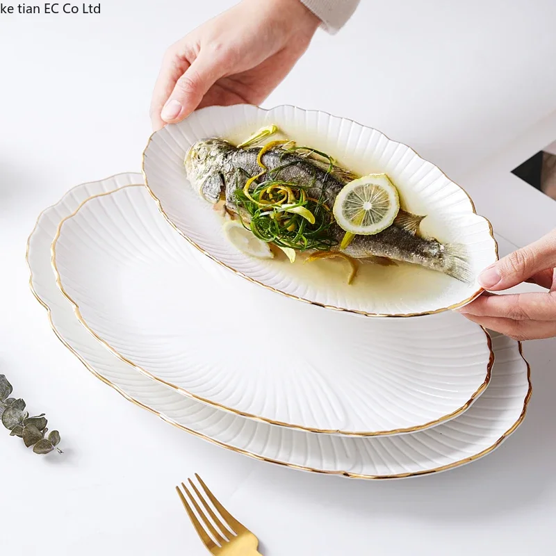 Home Oval Creative Serving Plate Ceramic Plates in Hotel Restaurant European High-End Edged Gold Ceramic Steamed Fish Dish,