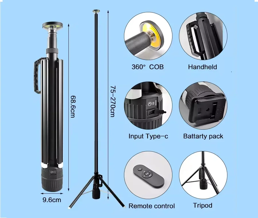 2000LM COB Telescopic Camping Work Light, 2.7M Adjustable Height Tripod 360° Illumination Portable Outdoor Emergency Lamp