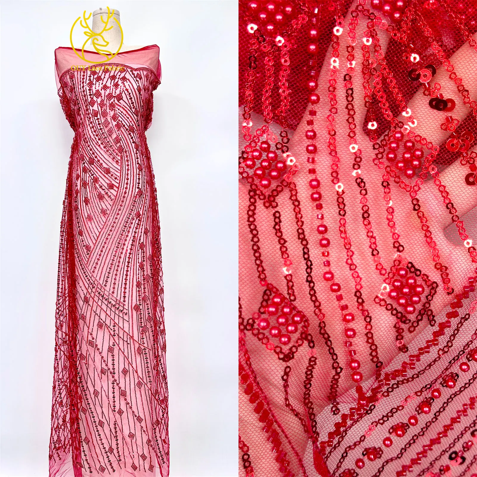 قماش دانتيل مطرز أفريقي 2026 جودة عالية مشرق أحمر نيجيري مطرز أقمشة الدانتيل ثوب زفاف مواد الخياطة 5 ياردات #5