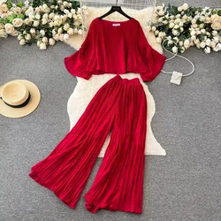 Sexy Chic Two Pieces Loose Long Sleeves Short T-shirt Pleated and High Waist Wide Leg Pants Women Casual Vacation Fashion Sets