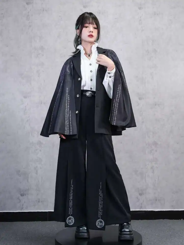 

New Chinese Style National Style Han Elements Montage Sense Of Design Black Wide Leg Pants Female Woman Guofeng Printing Pants