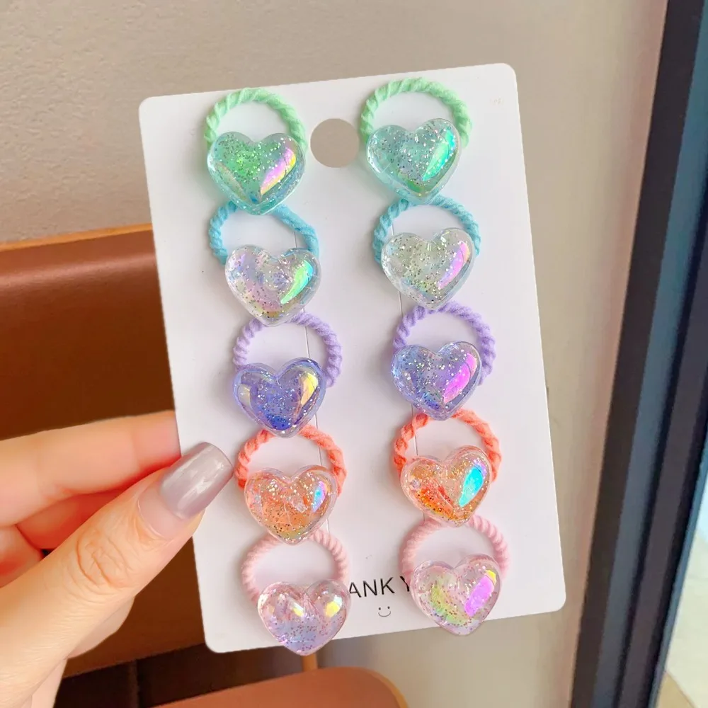 10pcs Colorful Sequin Hair Ties for Girls High Elasticity Durable Hair Bands with Heart Butterfly Star Styling Accessories Tools