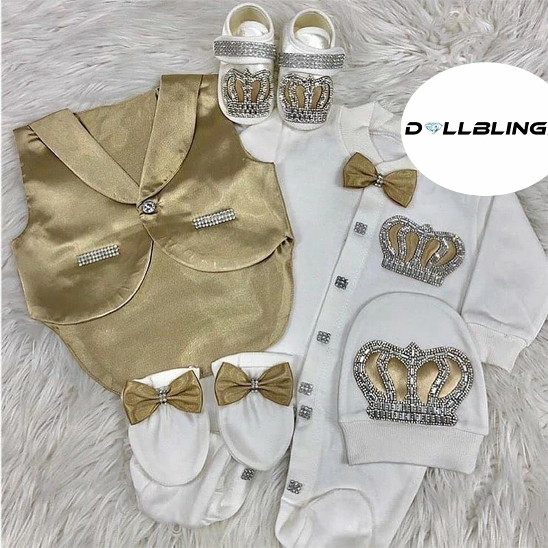 Tuxedo Suit Baby boy Christening Outfit 1st Birthday Costume Little Gentleman Baby Blazer Tails Suit Bling Crown Romper Set