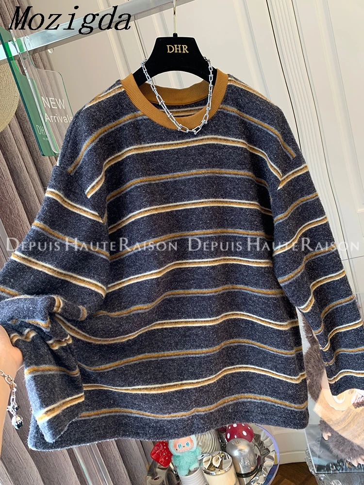 

Осень-зима, свободная полосатая контрастная цветная меховая базовая рубашка для женщин, утолщенная футболка с длинными рукавами, повседневные свободные женские топы