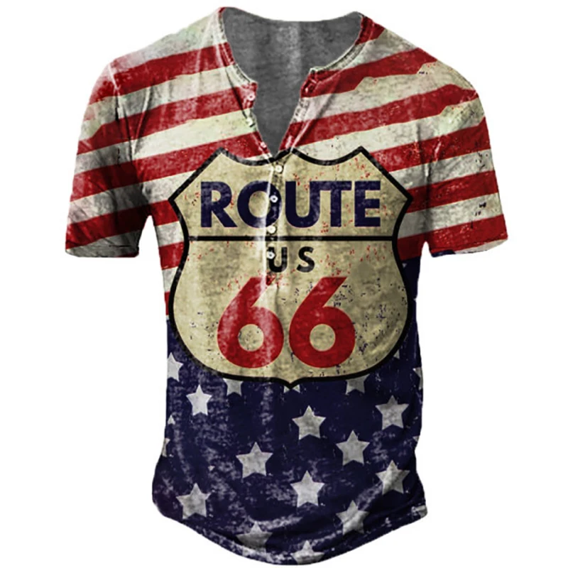 Vintage Button 66 Route V-neck American T Shirt Short Sleeve Gothic T Shirt For Men Oversized Tops Tee Shirt Men Punk Streetwear