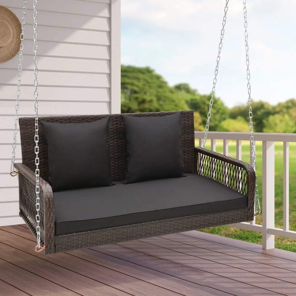 

Wicker Porch Swing 2-Person Hanging Loveseat Bench Chair w/ Cushions Black