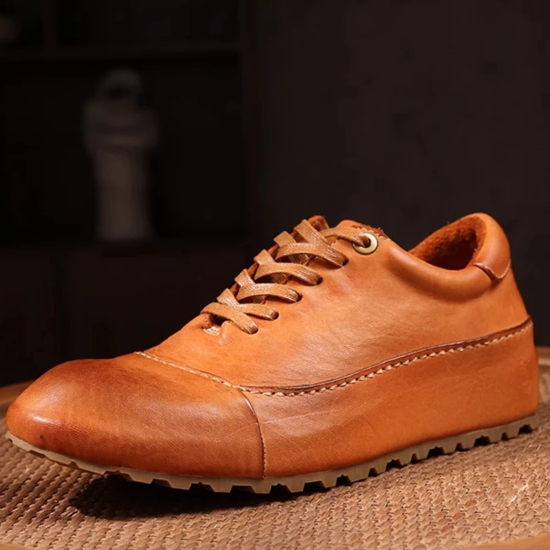 

Retro Washed Horseskin Sports Board Shoes Men's Casual Thick Sole Height Increasing Shoes Hand-sewn Genuine Leather White Shoes