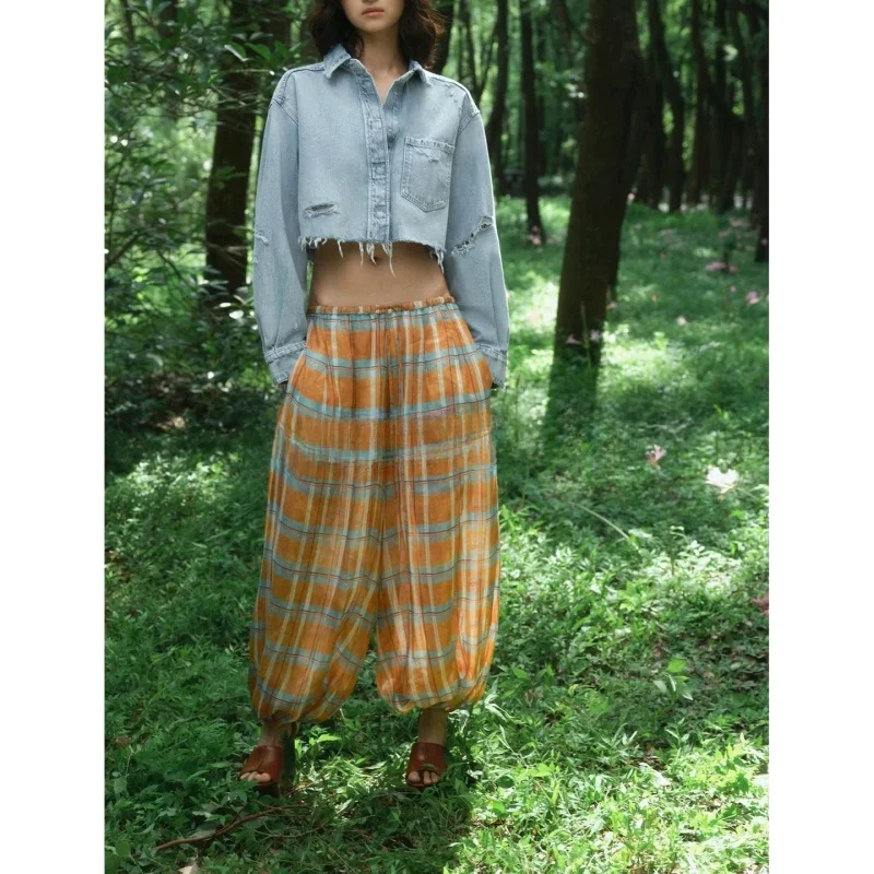 가을 겨울 신상 여성 캐주얼 스타일 린넨 혼방 체크 무늬 미디 허리 퍼프 팬츠 하이웨이스트 엘라스틱 폴리에스터 섬유 여성용