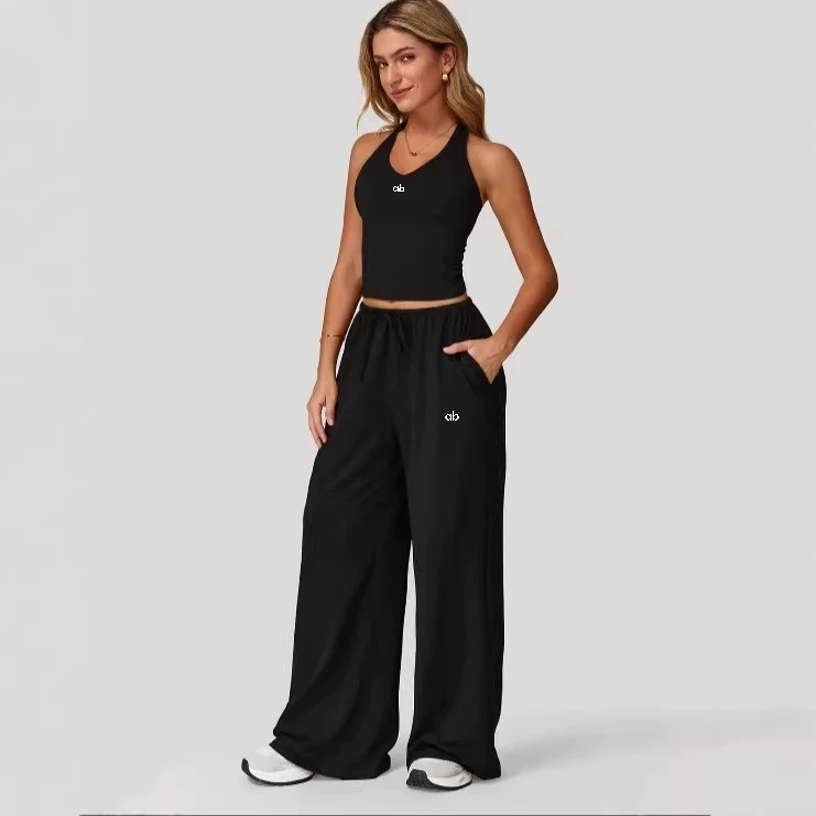 Women Comfy Back‑Friendly Yoga 2PC Set Loose Wide Leg Long Pants Casual Loungewear Workout Fitness Daily Sports Two‑Piece Outfit