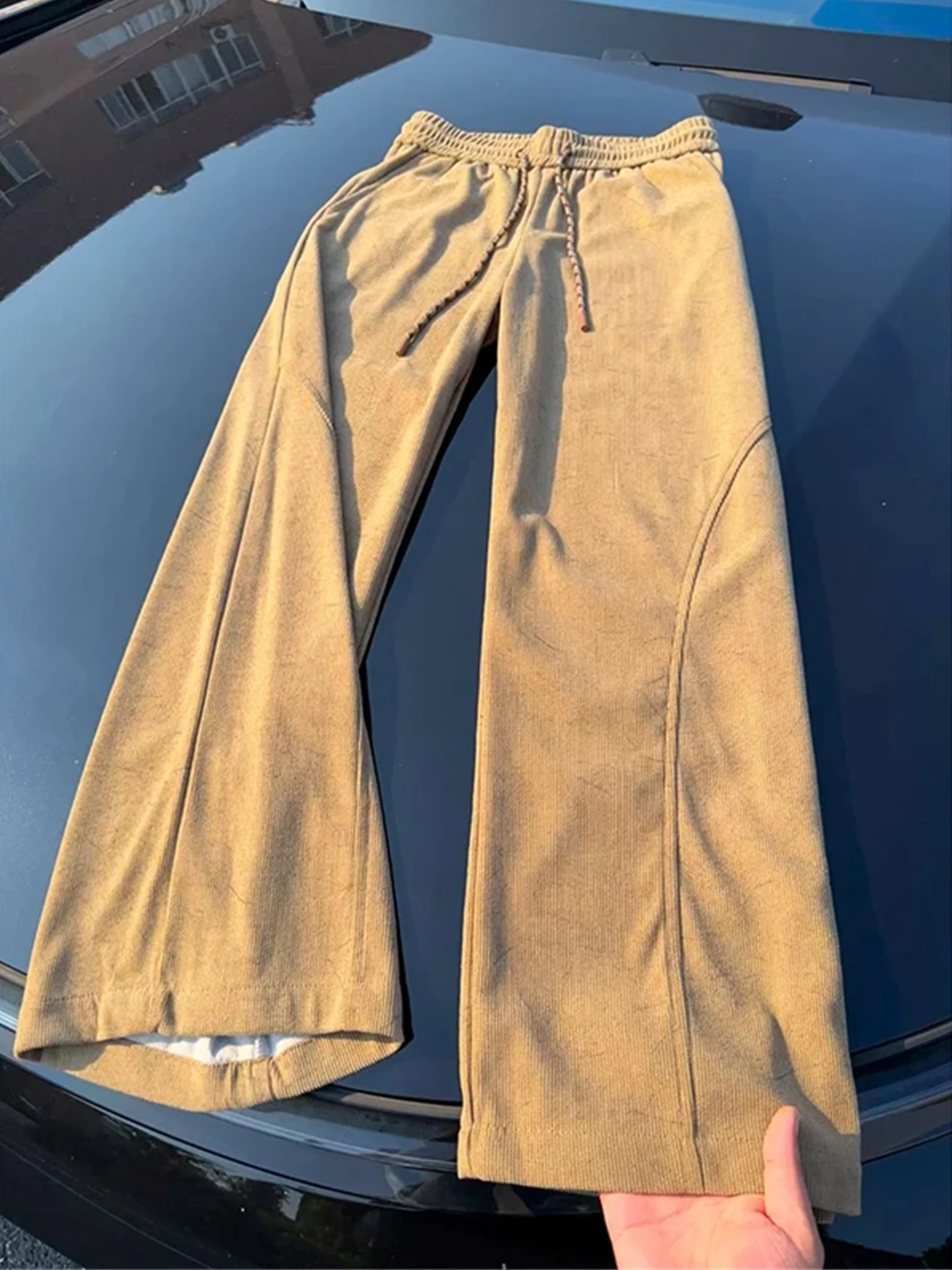 

Khaki Corduroy Slim Fit Wide Leg Pants Men's Autumn American Sle Patchwork Cotton Straight Tube Trousers Home Leisure Wear