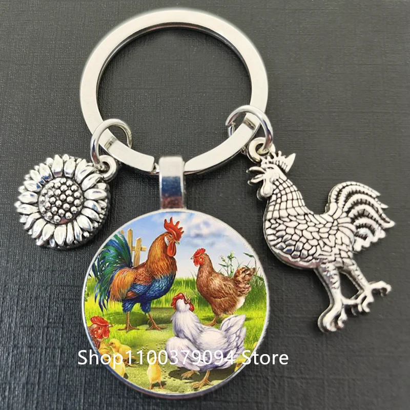 New DIY handmade rooster picture round glass keychain animal zodiac chicken pendant men and women car bag key ring gift