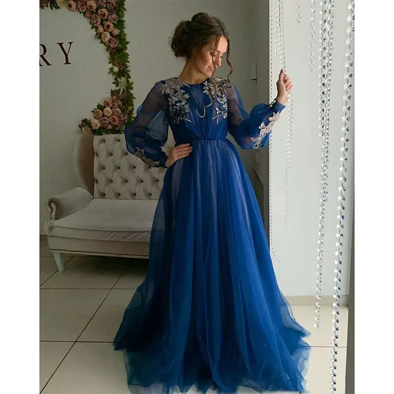 Vestidos de graduación de manga larga, ropa de fiesta Formal con apliques de encaje de línea A, vestidos de noche para ocasiones especiales, azul