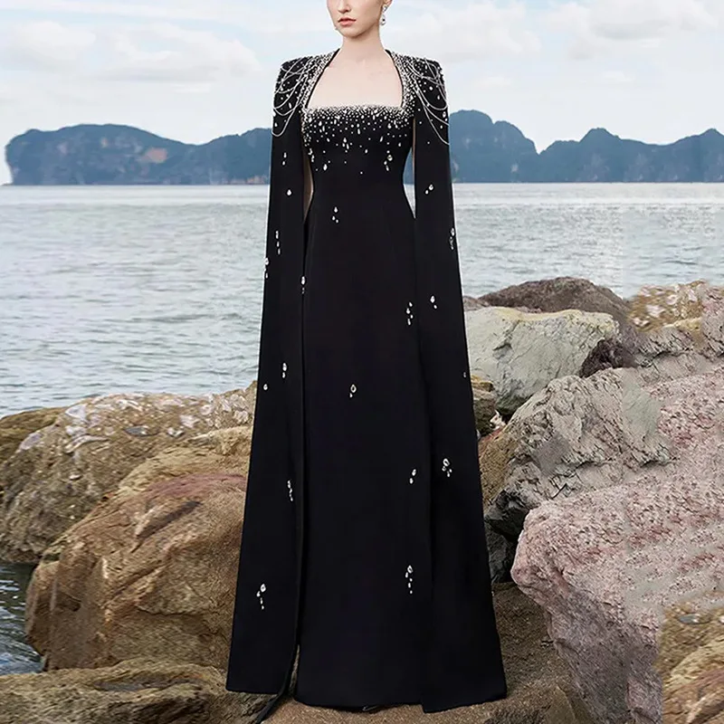 

Evening Dress New Heavy Industry Beads Lanyard Shawl Sleeve and Floor Long Dress