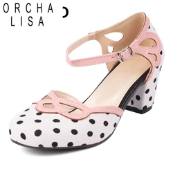 ORCHA LISA Sweet Women Pumps Round head Block Heels 6cm Buckle Strap MIxed Color Plus Size 41 42 43 Girls Concise Daily Shoes