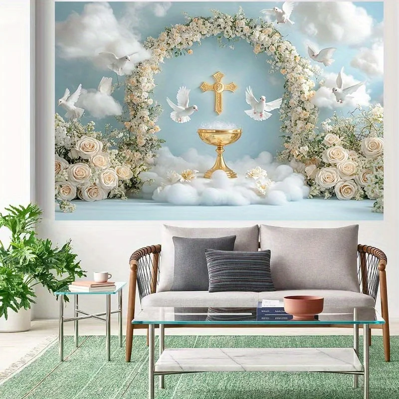 1 لافتة ثنائية الأبعاد، عقيق ذهبي، حمامة بيضاء وقوس زهور - زينة لحفلات الزفاف والحفلات، مناسبة للمعمودية، المناولة الأولى