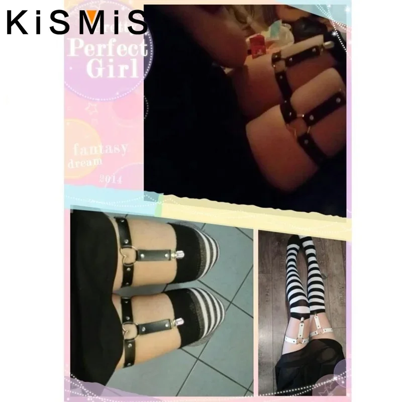 KISMIS 1PC Pu Leather Garter Belt Women Elastic Heart Leg Garter Straps Thigh Harness Harajuku Punk Gothic Accessories