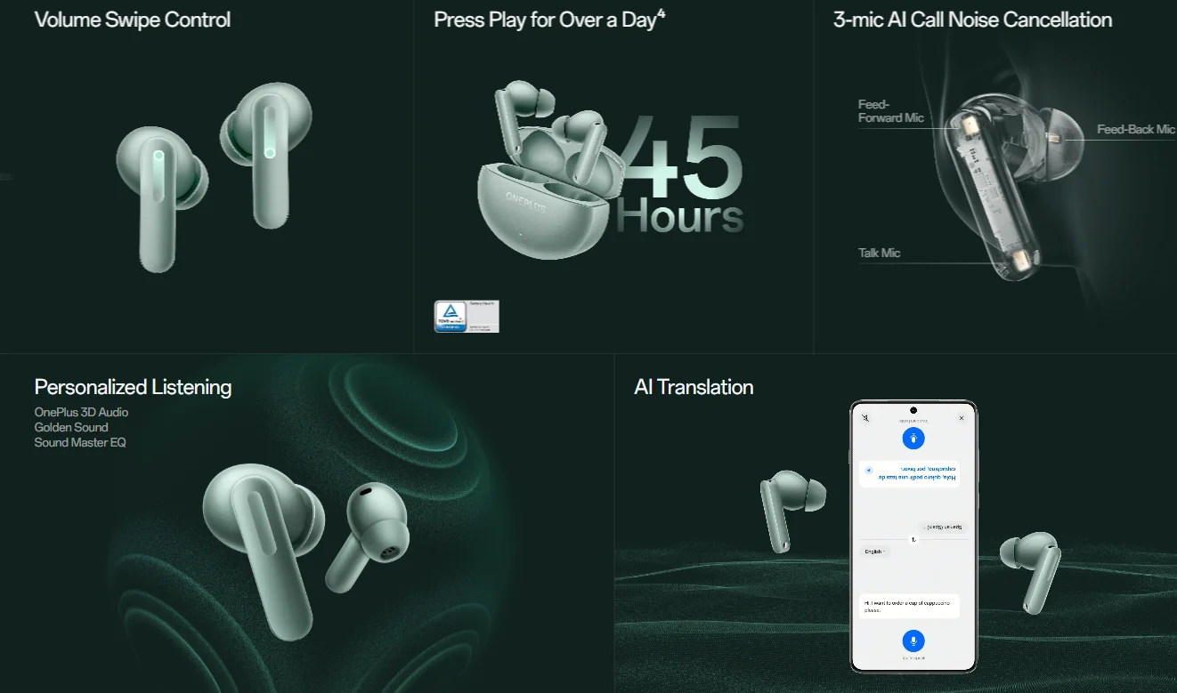 Globale Version OnePlus Buds 4 True Wireless-Ohrhörer Bis zu 55 dB Geräuschunterdrückung ANC Zwei Treiber mit zwei DACs Bluetooth 5.4 – Detail 3
