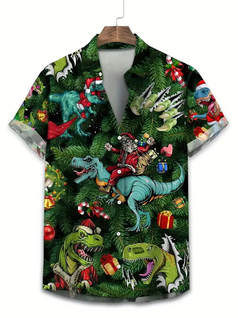 Men's Christmas Santa Beach Vacation Shirts 3D Print Casual Short Sleeve Button Up Hawaiian Shirts Blouse For Men Aloha Shirt