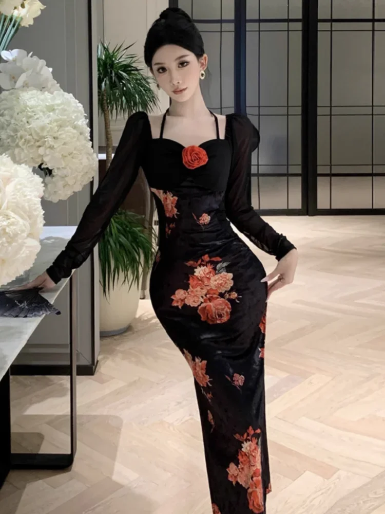 Topanoma Evening Dresses Women Vintage Sexy Flowers Velvet Patchwork Mesh Long Sleeve Square Collar Vintage Cocktail Dress Party